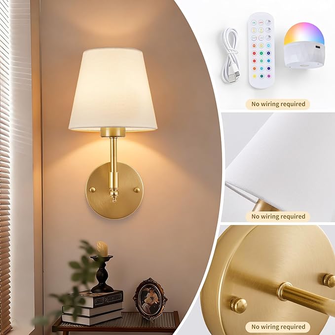 Battery Operated Wall Sconce Set of 2, Rechargeable Wireless Wall Lights with fabric Lampshade, 5000mAh Dimmable Bulbs with Remote,15 Colors Wireless Wall Lamps for Bedroom Living Room Hallway Decor