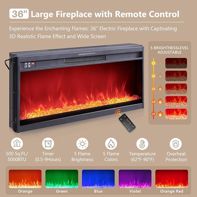 70" Fluted Fireplace TV Stand for 80 Inch TV, Modern Entertainment Center w/36'' Electric Fireplace, Wood Media Console w/Curved Profile Design and Adjustable Shelves for Living Room, Brown