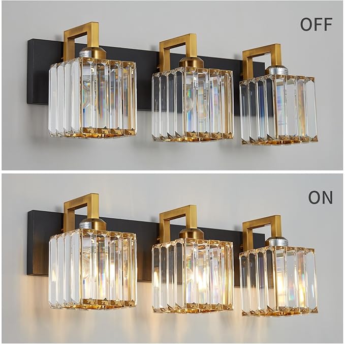 Modern Bathroom Vanity Light 3-Lights Black Gold Crystal Wall Lamp Bathroom Modern Crystal Vanity Lighting