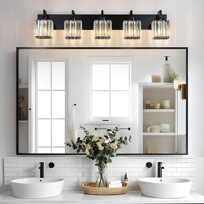 Modern Bathroom Vanity Light 5-Lights Plating Black Vanity Light Crystal Wall Light Bathroom Light Fixtures