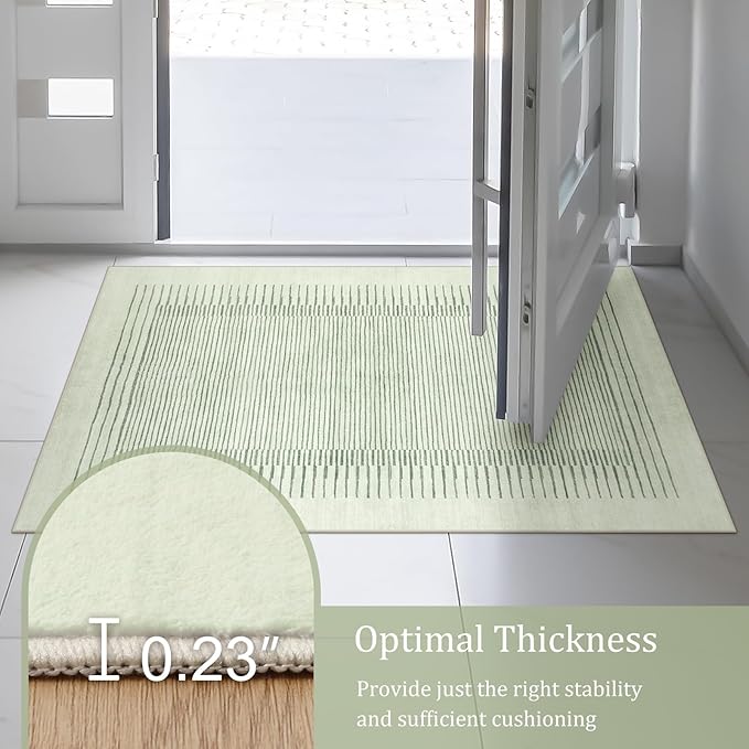 Morebes Modern Green Rug Runners for Hallways 2.5x8, Washable Kitchen Runner Rug Non-Slip, Striped Soft Low Pile Ultra-Thin Carpet for Bathroom Bedroom Nursery (2.5'x8',Sage Green)