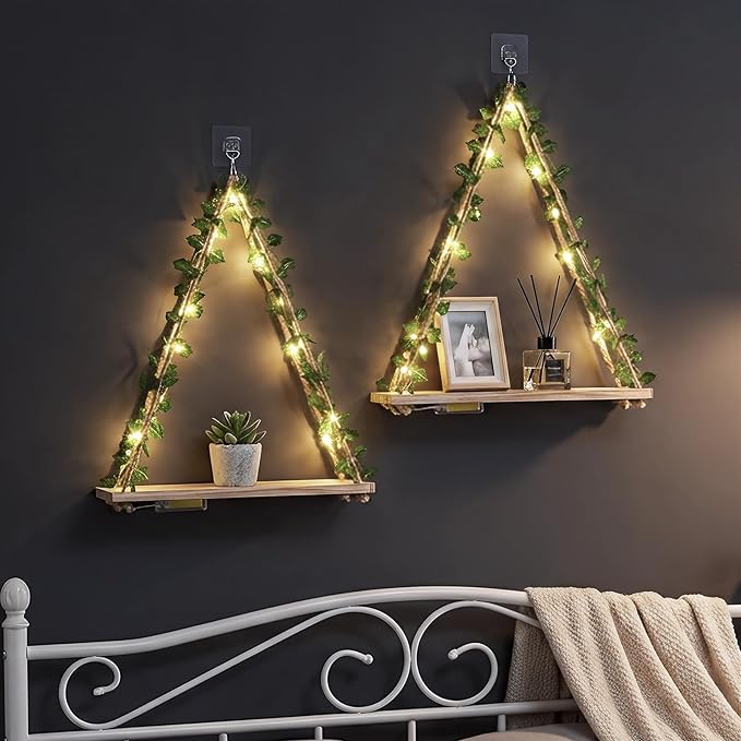 RICHER HOUSE Artificial Ivy LED-Strip Wall Hanging Shelves Set of 2, Macrame Shelf no Drilling for Living Room Decor, Bedroom, Kitchen, Wood Hanging Plant Shelves for Wall Décor
