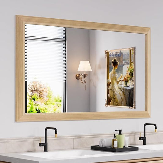 Amorho 50 X30 Inch Bathroom Mirror for Wall, Oak Wood Grain Metal Framed Mirror, Anti-Rust, Hang Horizontally/Vertically, Suitable for Bedroom, Farmhouse, Bathroom, Decorative