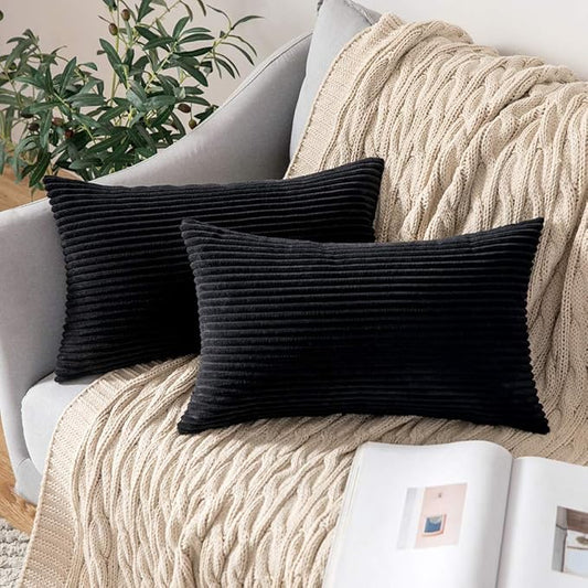 MIULEE Winter Pack of 2 Corduroy Pillow Covers 12 x 20 Inch Lumbar Throw Pillow Covers Black Pillowcases for Sofa Bedroom Couch