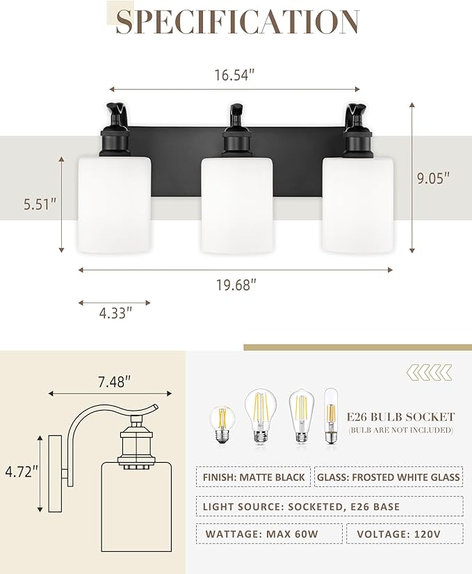 Black Vanity Light, 3-Light Bathroom Light Fixture, Modern Wall Sconce with Milk Glass, VL01BKW-3