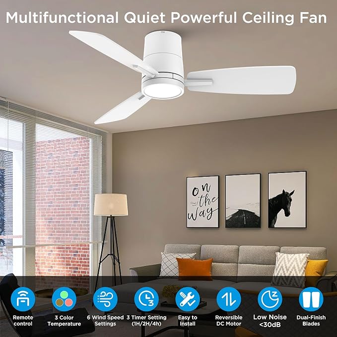 Ceiling Fans with Lights,42 inch,Quiet Reversible Motor,Easy to Install,6 Speeds,3CCT,Timer, White Modern Ceiling Fan for Living Room, Bedroom, Kitchen, Dining room, Office