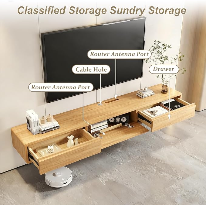 Solid Wood Floating TV Stand, Wall Mounted Entertainment Center with 2 Drawers, Floating TV Shelf for Living Room Bedroom & Office (Natural Wood, 71in)
