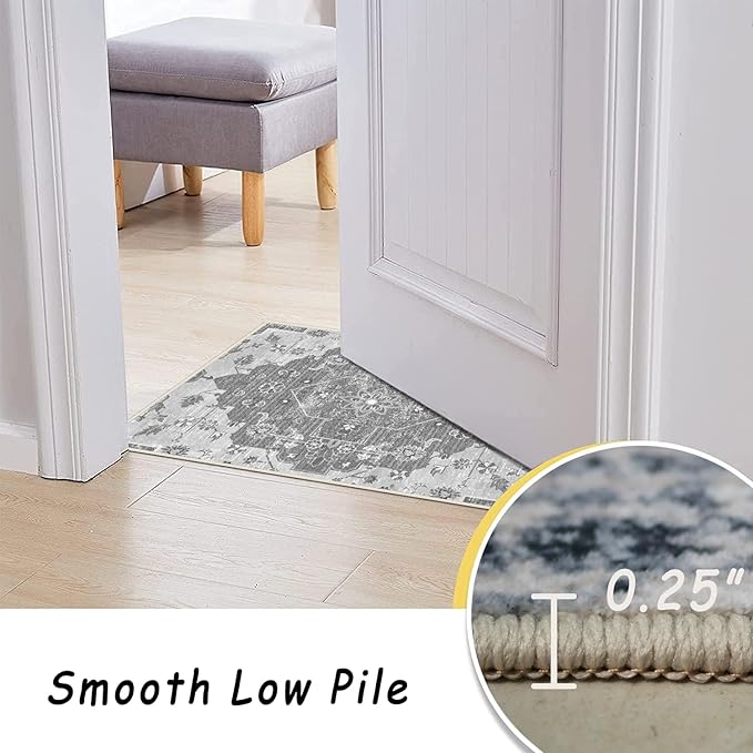 vivorug 4x6 Area Rugs, Stain Resistant Washable Rug for Living Room, Vintage-Inspired Grey Floral Rug