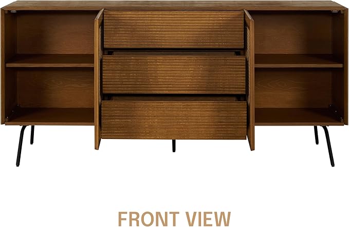 NTC MOSSIC Large Sideboard with 2 Doors and 3 Drawers, Buffet Cabinet with Natural Rattan and Metal Legs, Modern Storage Cabinet for Living Room, and Hallway, Effortless Assembly - Rustic Oak