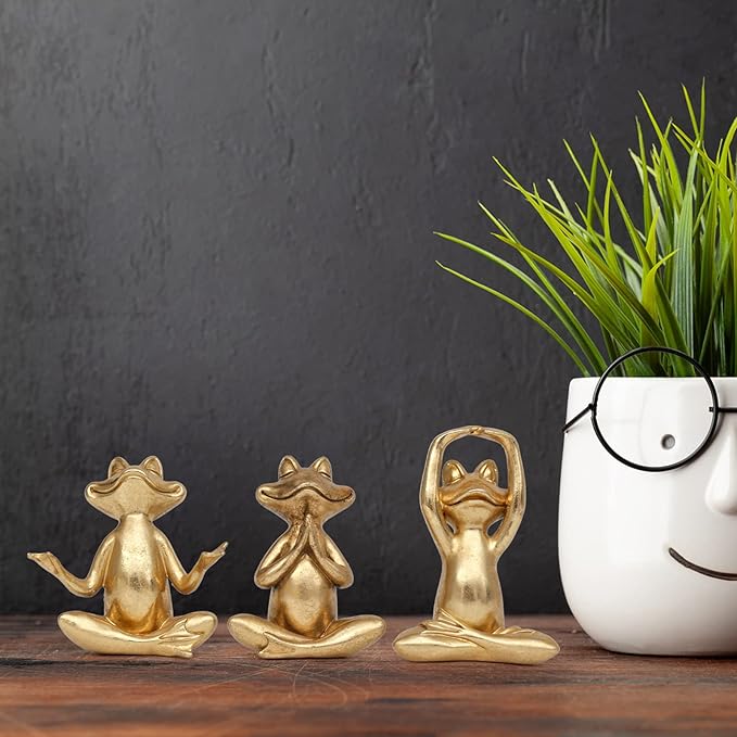 Suoedd Gold Frog Figurines Yoga Decor 3.7In Set of 3 –Frog Yoga Statues for Modern Living Room Desk Table Home Office Bookshelf Shelves Sculptures Decor,Gifts for Mom Women