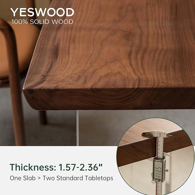 YESWOOD 71’’ Live Edge Dining Table for 6-8, Black Walnut Farmhouse Kitchen Table with Solid Wood Top and Legs, Large Modern Wood Dinner Table for Dining Room, Living Room, Office, Walnut