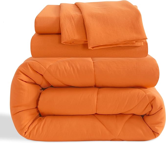 NTBAY Twin Comforter Set with Sheets, 5 Pieces Soft and Breathable Twin Bedding Set, Twin Bed in a Bag, Down Alternative Comforter Set Solid Color All Season, Kids Bedding Set, Orange