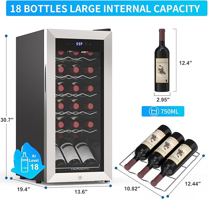 18 Bottle Wine Cooler with 41-68℉ Digital Temperature Control Stainless Steel 1.7 Cu.Ft LED Light undercounter Glass Door Compressor Small Compact for Red, White and Champagne Beer