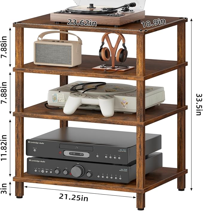 LELELINKY 4-Tier AV Media Player Stand Set of 2, Brown Stereo Cabinet, Wooden TV Stand,Game Console Shelf, Multifunctional Entertainment Center, Suitable for Home, Conference Room, Game Studio