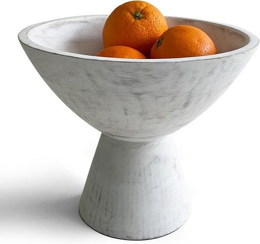 Whitewash Pedestal Bowl - 8 Inch, Wide Whitewash Footed Bowl as Fruit, Key, Decorative, Candy Holder or Centerpiece, Wooden Bowl Decorative for Kitchen, Dining Table & Home Accessories