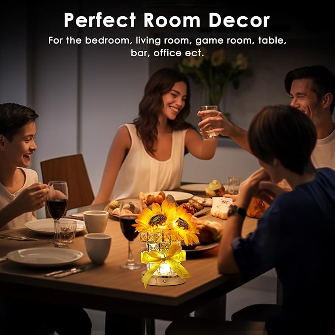 Sunflower Flower Table Lamp Gifts: Mothers Day Birthday Gifts for Women Mom Grandma Sister, Rechargeable Battery Powered Cordless Touch Small Crystal Night Light, Kitchen Bedroom Office Decor