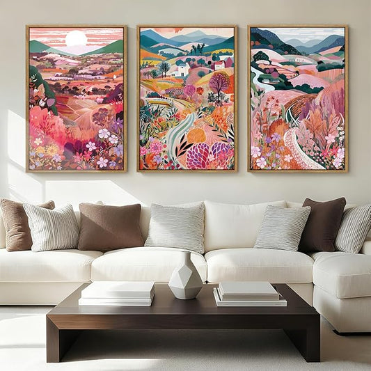 Anyzal Large Colorful Mountain Floral Wall Art Framed Pink Nature Landscape Painting Sunset Scenery Wall Decor for Living Room Bedroom Office 16x24 Inch Set of 3
