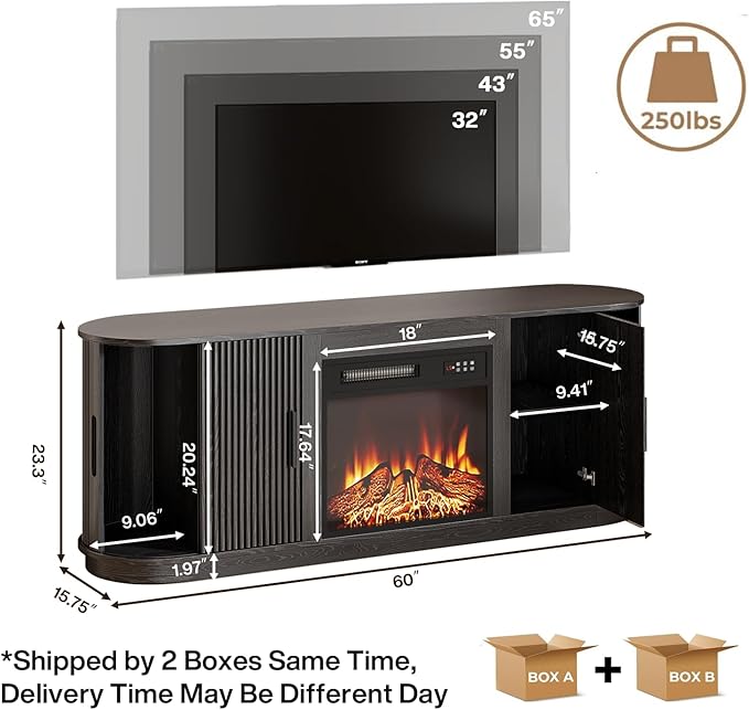 Fluted TV Stand with Fireplace, 60" Modern Fireplace TV Stand for Living Room, Entertainment Center with 18" Electric Fireplace, Curved Design Media Console Cabinet for Living Room (Black)