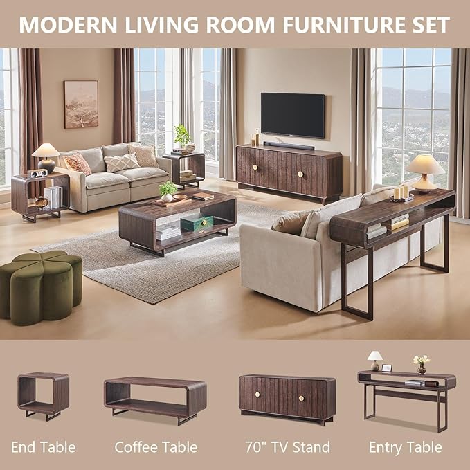 Modern Buffet Cabinet with Storage, 70" Large Sideboard Buffet Storage Cabinet with 4 Doors and Adjustable Shleves, Wooden Curved Coffee Bar for Dining Room, Kitchen, Living Room, Brown