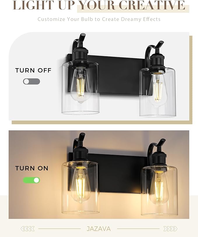 2-Light Black Bathroom Light Fixture Over Mirror, Modern Vanity Light, Clear Glass Wall Sconce, VL01BK-2