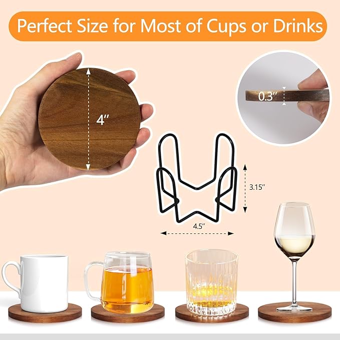 10 Pcs Wood Coasters with Holder, Wooden Coasters for Drinks Absorbent, Drink Coasters for Coffee Table, Modern Home Decor, Coaster Set for Table Protection, Office, Bar