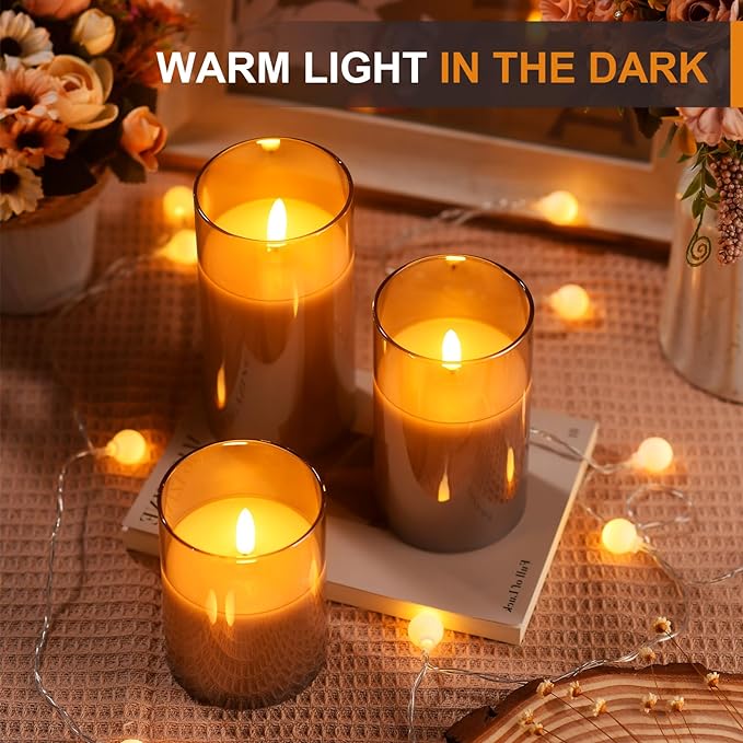 Tyawon Glass Battery Operated LED Flameless Candles with Remote and Timer, Real Wax Candles Warm Color Flickering Light for Festival Wedding Home Party Decor(Pack of 3)-Grey