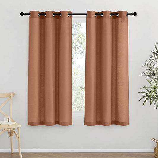 NICETOWN Caramel Short Linen Curtains for Kitchen, Thick Flax Small Window Treatments Semi Sheer Privacy Assured with Light Through for Cafe/Bathroom, W42 x L63, 2 Panels