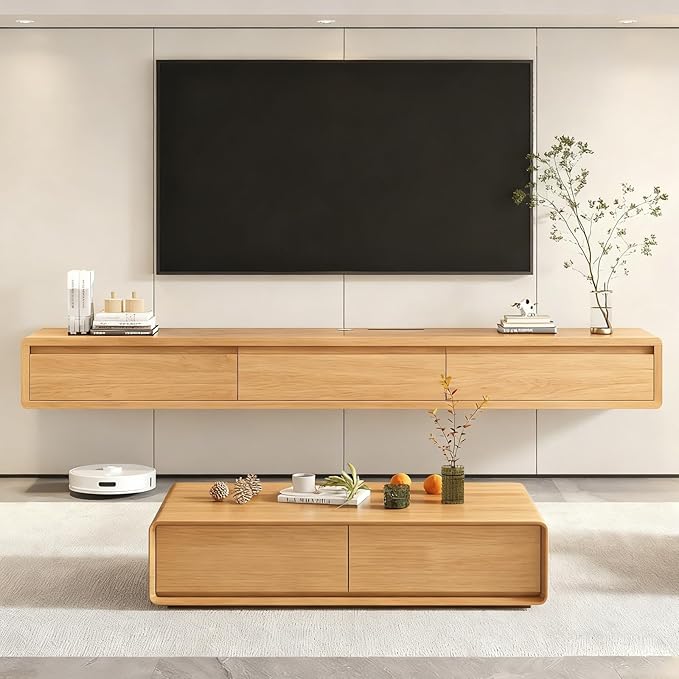 Solid Wood Floating TV Stand, Wall Mounted Entertainment Center with 2 Drawers, Floating TV Shelf for Living Room Bedroom & Office (Natural Wood, 47in)