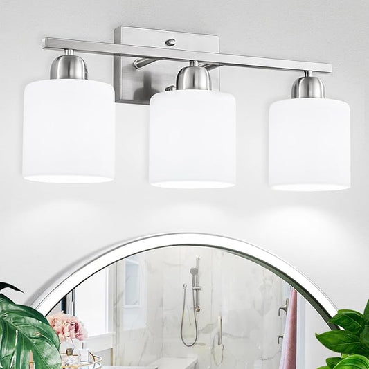 Brushed Nickel Bathroom Light Fixture, 3 Light Vanity Lights for Bathroom, Bath Lights with Milky White Frosted Glass Shades, E26 Socket
