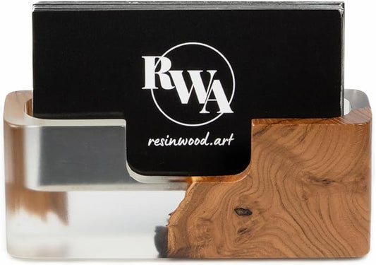RWA Business Card Holder – Luxury Square Desk Organizer, Stylish Office Decor, Slim Card Holders - Wood & Epoxy Card Display Stand for Men and Women, Office Desk Accessories - SMART, transparent
