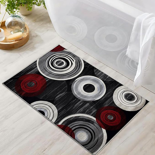 Geometric Area Rug Washable Modern 2x3 Red Black White Rugs for Living Room Bedroom Circle Geometric Soft Non Slip Floor Large Carpet for Entryway Bathroom Office