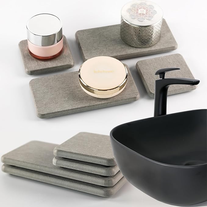 Set of 4 Water Absorbent Diatomite Coasters, Diatomaceous Earth Kitchen Soap Dish, Bathroom Trays, Water Absorbing Stone Used for Hand Soaps & Plants & Toiletries in The Modern Home