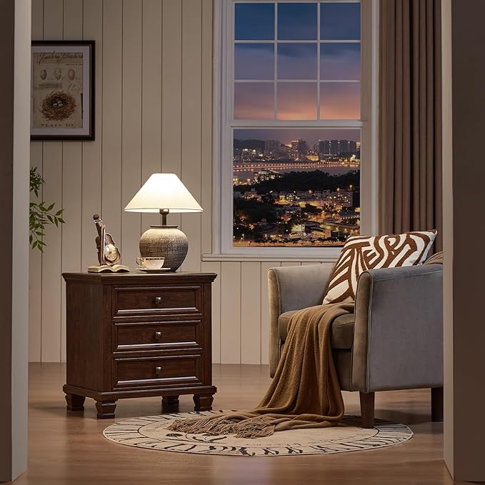 Farmhouse Nightstand with 3 Drawers, Rustic Couch End Table with 4 Square Solid Wood Legs, Mid-Century Modern Bed Side Table with Storage, Small Dresser for Bedroom, Living Room, Walnut