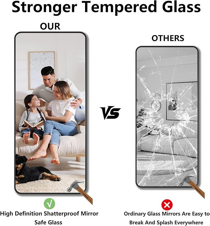 Koonmi Bathroom Mirror, 32X72 Inch Black Metal Framed Mirror for Bathroom, Tempered Glass, Anti-Rust, Rounded Rectangle Mirror for Restroom, Bedroom, Black