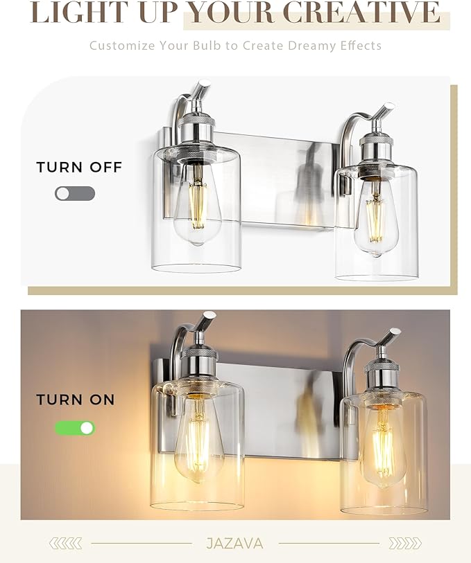 2-Light Bathroom Vanity Light, Brushed Nickel Wall Sconce, Modern Bathroom Light with Clear Glass, VL01BN-2