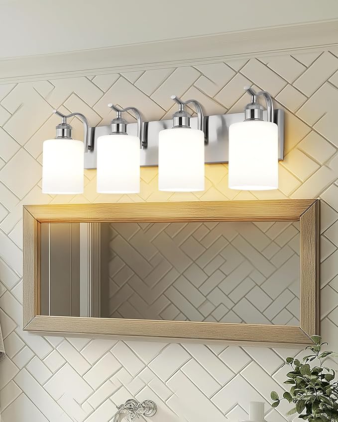 Milk Glass Bathroom Light, 4-Light Vanity Light Fixture, Brushed Nickel Wall Sconce, VL01BNW-4