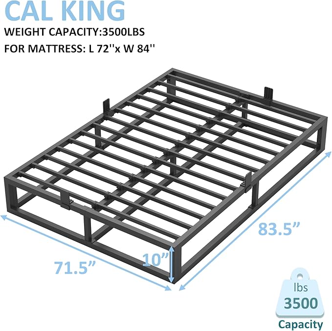 10 Inch California King Bed Frame with Steel Slat Support, Low Profile King Metal Platform Bed Frame Support Mattress Foundation, No Box Spring Needed/Easy Assembly/Noise Free