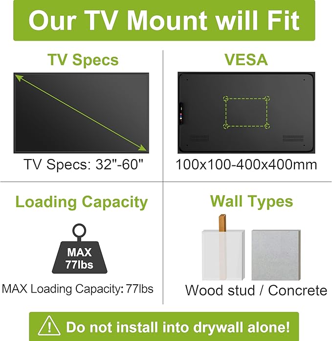 USX MOUNT Full Motion TV Wall Mount Bracket for Most 32-60 Inch TVs Up to 77 lbs & MAX VESA 400x400 mm, Corner Center Design TV Mount 20" Articulating Extension Arm with Swivel Tilt & Leveling