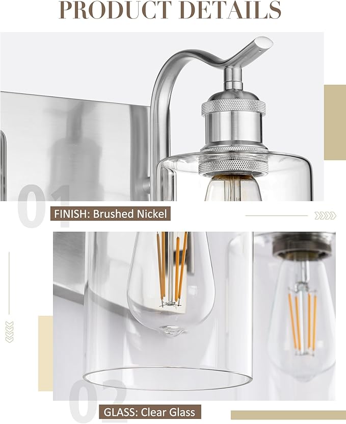 4-Light Bathroom Vanity Light, Brushed Nickel Wall Sconce, Modern Bathroom Light with Clear Glass, VL01BN-4