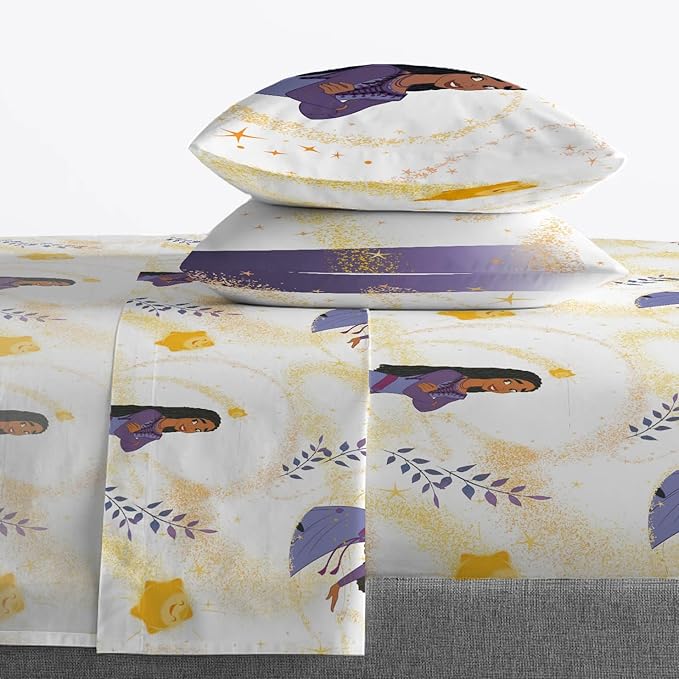Disney Wish Full Comforter Set - 7 Piece Bed Set Includes Sheet Set & Pillow Covers - Super Soft Kids Bedding Features Asha, Valentino & Star