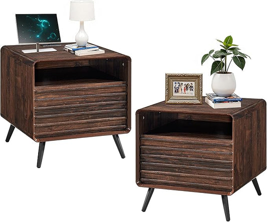 RedLemon 24" Nightstand Set of 2 with Charger Station, Mid Century Modern Fluted End Table with 2 Drawers, Wooden Side Table with Open Cubby Storage for Living Room, Bedroom, Office (Dark Walnut)