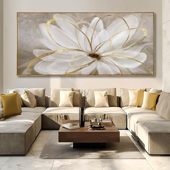 SOUGUAN White Floral Wall Art Line Wall Decor Vintage Canvas Painting 40"x86" Artwork for Bedroom Large Pictures for Dining Room