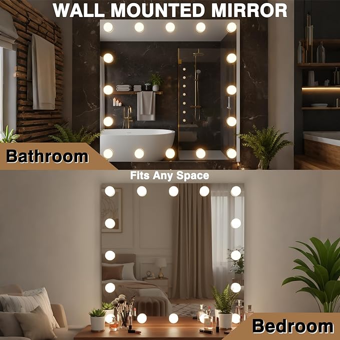 48x36 Hollywood Lighted Mirrors for Bathroom Wall, Smart Mirror for Bathroom with Dimmable LED Bulbs, 3 Color Temperatures, No Fog Mirror, Tempered Glass, Memory, Horizontal/Vertical