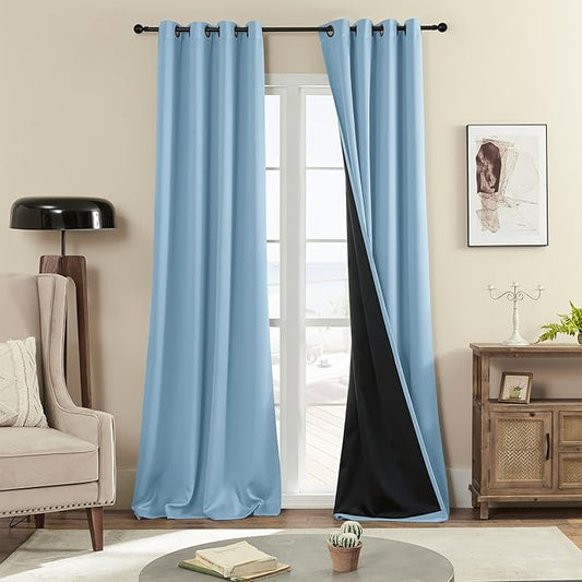 100% Blackout Curtains , 96 inches 2 Panel Sets, Heat and Full Light Blocking Drapes with Grommets for Bedroom, Thermal Insulated Window Treatment Drapes for Living Room (Haze Blue, 52Wx96L)