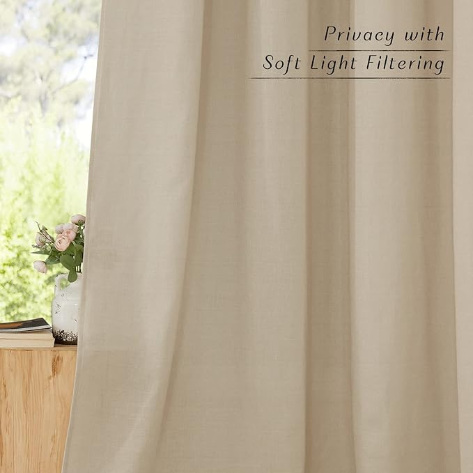 NICETOWN Thick Flax Linen Curtains for Living Room, Rustic Grommet Semi Sheer Privacy Assured Linen Blend Drapes with Light Filtering for Living Room/Bedroom, Angora, W55 x L96, 1 Pair