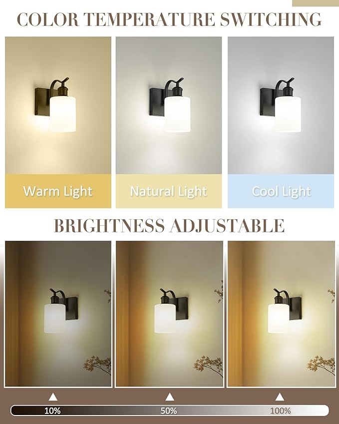 1-Light Bathroom Wall Sconce, Matte Black Modern Wall Light Fixture with Frosted Glass Shade RGB Bulb, RGB 12 Colors Modes Rechargeable Wall lamp for Bedroom Living Room, ZCVL01BK-1B