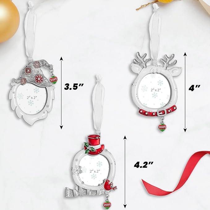 West style 2025 Snowflake Christmas Tree Ornaments Set 3 Pieces-Metallic Picture Frame Ornament Hanging Home Deco Gnomes Reindeer Hanging Pendant Holiday Keepsake Gift (White)