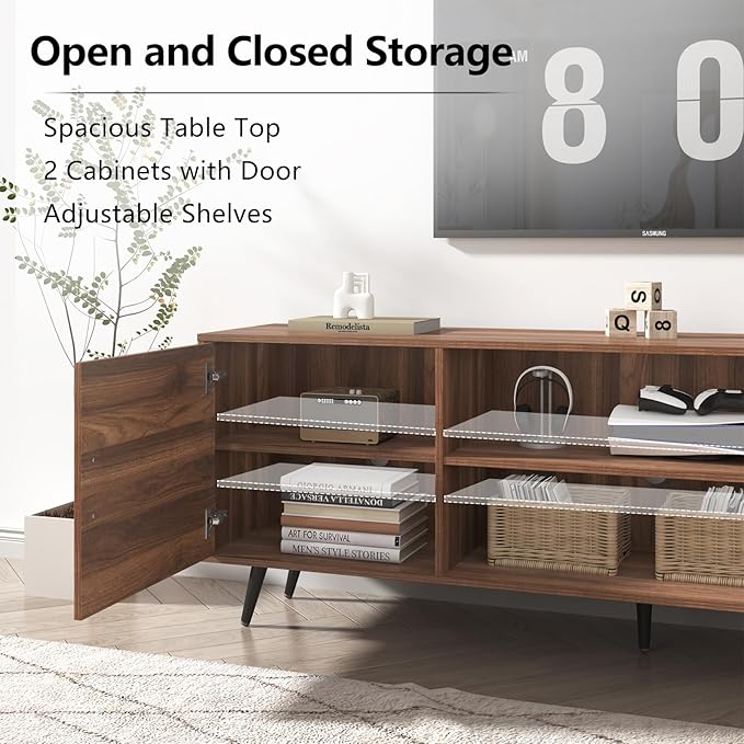 AUXSOUL 70 Inch Mid Century Modern TV Stand for 75 Inch TV, Wood TV Stand with Storage, Entertainment Center for Living Room Bedroom, TV Media Console, Walnut