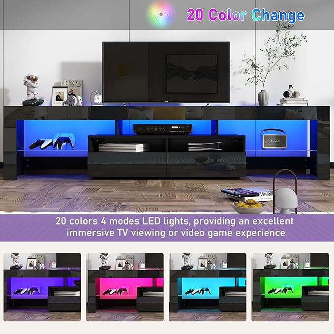 St.Mandyu LED TV Stand for 90/100 inch TV, High Glossy Modern Entertainment Center with Drawer and Led Lights, Television Table Media Console for Living Game Room Bedroom, Black