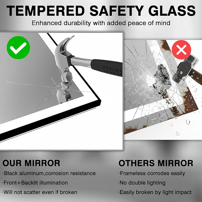 48x40 LED Bathroom Mirror for Wall, Black (Metal, Aluminum) Framed, Front Light and Backlit, 3 Colors and Dimmable Vanity Mirror, Anti-Fog, Shatter-Proof, Memory (Horizontal/Vertical)